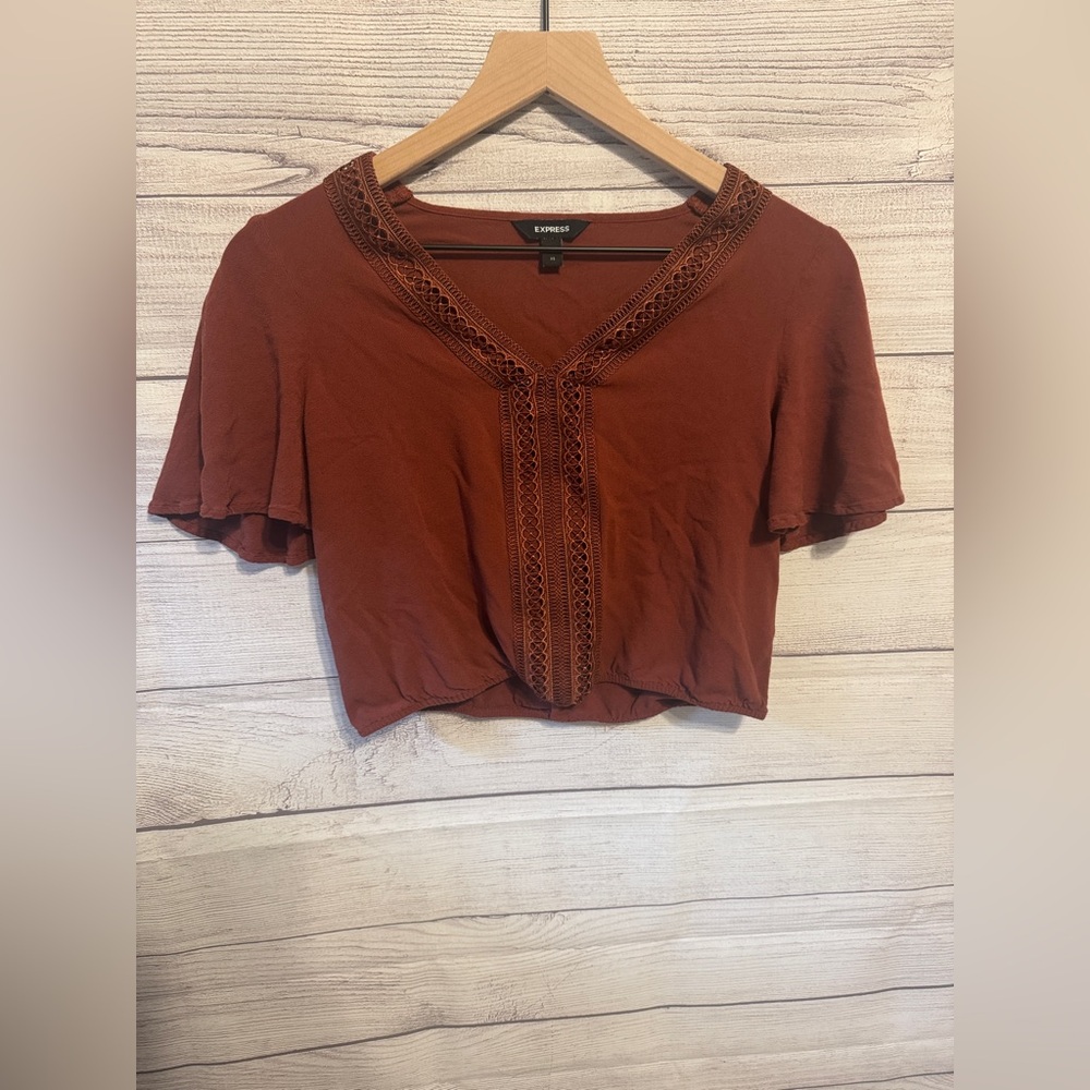 Express Women's Rust Crop Top with Lace Detail